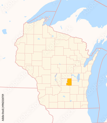 Map of the County Green Lake (Wisconsin, US) showing the Federal State with the highlighted County