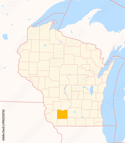 Map of the County Iowa (Wisconsin, US) showing the Federal State with the highlighted County