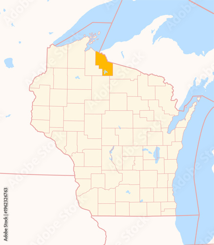 Map of the County Iron (Wisconsin, US) showing the Federal State with the highlighted County