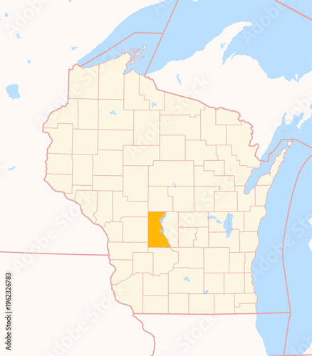 Map of the County Juneau (Wisconsin, US) showing the Federal State with the highlighted County