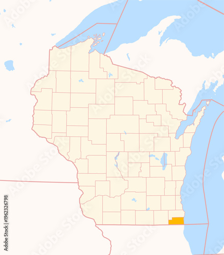 Map of the County Kenosha (Wisconsin, US) showing the Federal State with the highlighted County