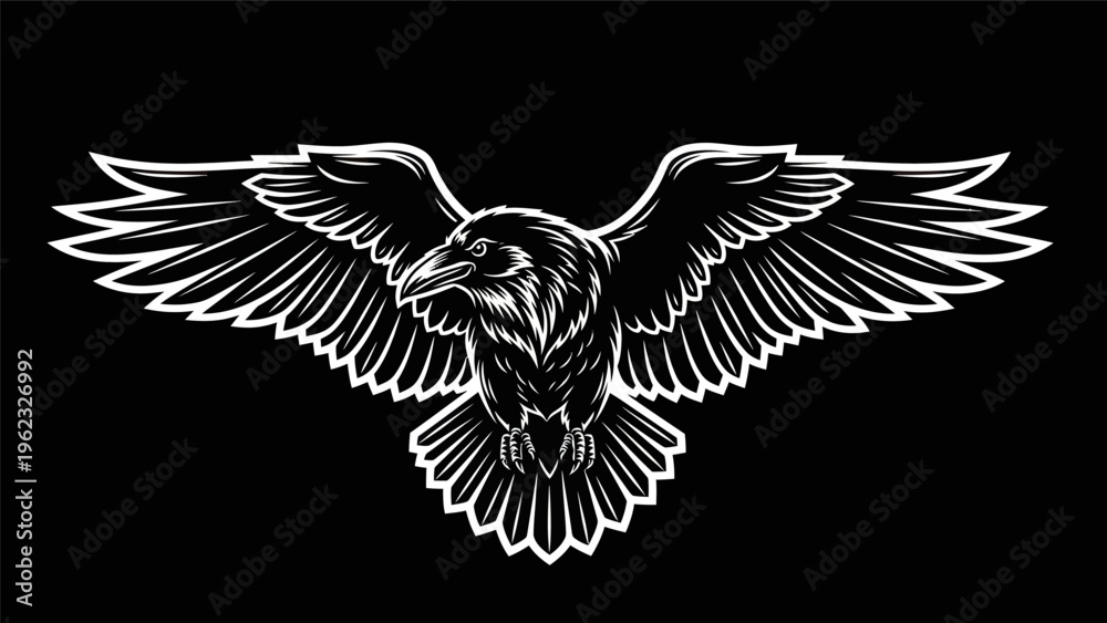 Fototapeta premium Raven illustration with open wings on black