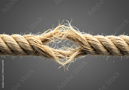 A frayed section of a thick natural fiber rope on a gradient gray background