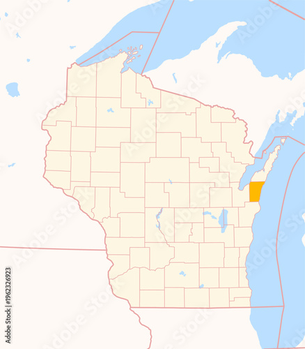 Map of the County Kewaunee (Wisconsin, US) showing the Federal State with the highlighted County