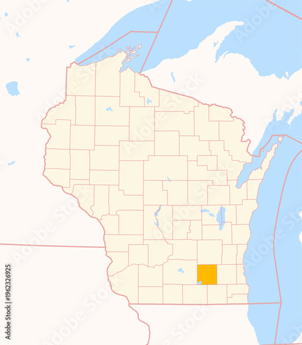 Map of the County Jefferson (Wisconsin, US) showing the Federal State with the highlighted County