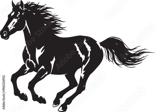 A black horse vector illustration features a wild stallion silhouette running in a gallop, showcasing a sleek equine design and artistic mustang outline perfect for nature and farm art
