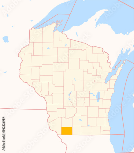 Map of the County Lafayette (Wisconsin, US) showing the Federal State with the highlighted County