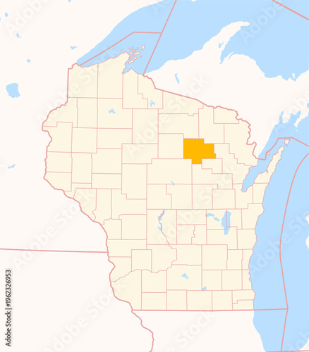 Map of the County Langlade (Wisconsin, US) showing the Federal State with the highlighted County