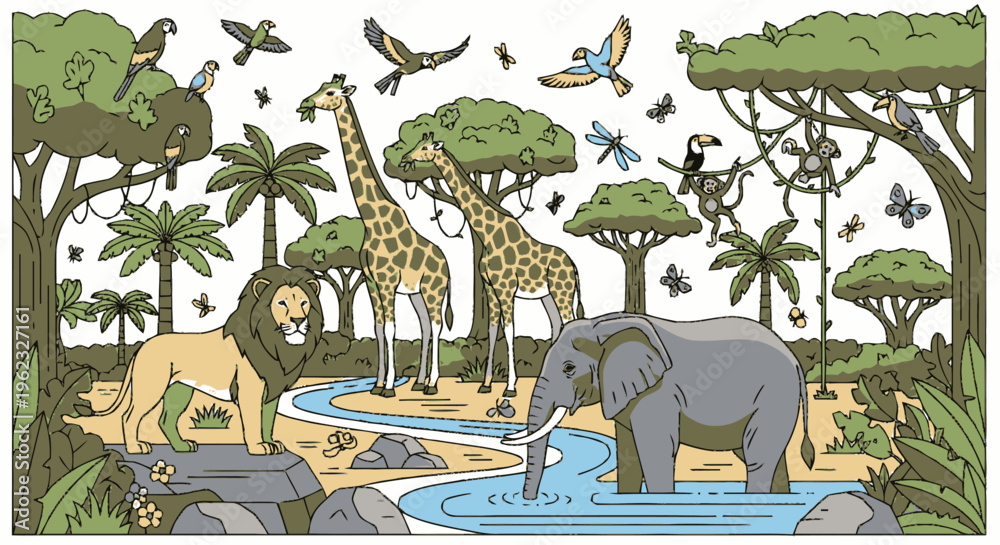 Obraz premium African Savannah Wildlife Scene with Lion Elephant Giraffes.