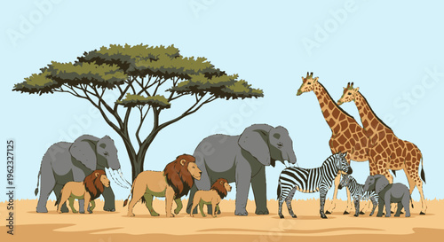 African Safari Animals Gathering Under Acacia Tree.