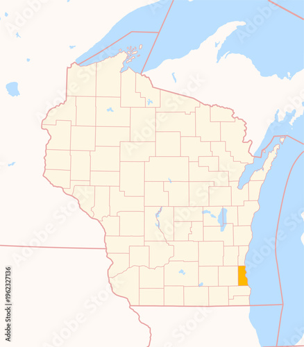 Map of the County Milwaukee (Wisconsin, US) showing the Federal State with the highlighted County