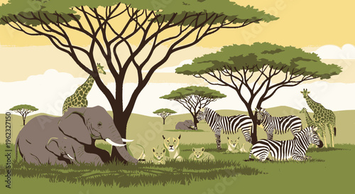 African Savannah Wildlife Scene with Elephant Lions Zebras Giraffes.