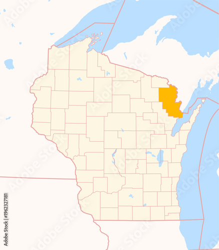 Map of the County Marinette (Wisconsin, US) showing the Federal State with the highlighted County