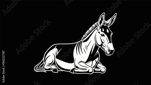 Resting donkey black and white illustration
