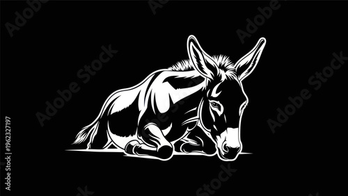 Resting donkey illustration on black background