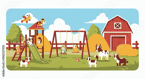 Childrens Farm Playground with Animals and Barn.