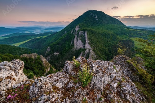 Dramatic mountain landscape with rocky foreground and green forested peak during sunset. Scenic view with layered hills and soft evening light in Slovakia. Ideal for travel, adventure, and nature 