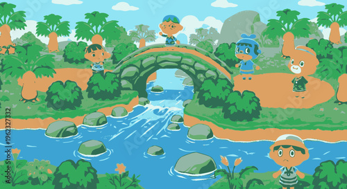 Cute Animal Crossing characters enjoying a sunny day by the river.