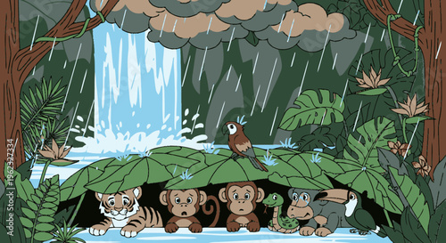 Cute animals hiding under large leaves during a rainstorm.