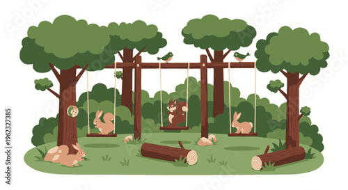 Cute cartoon animals playing on swings in a forest playground.