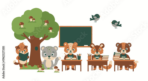 Cute cartoon animals in a classroom setting learning together.