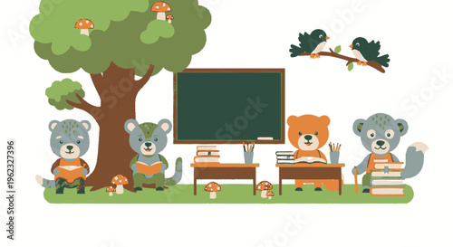 Cute cartoon bears in a classroom setting with a blackboard and tree.