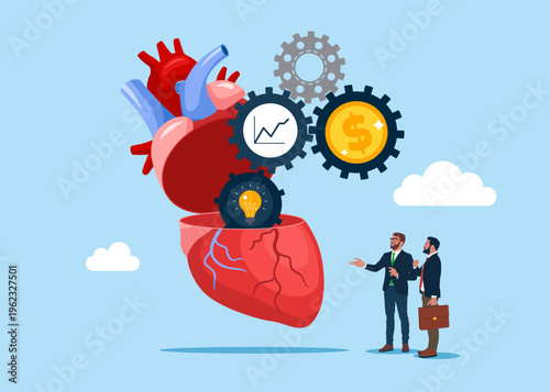 Open heart with sign dollar money from cog gear production. Optimize cost and expense for better profit strategy. Artificial heart. Vector illustration