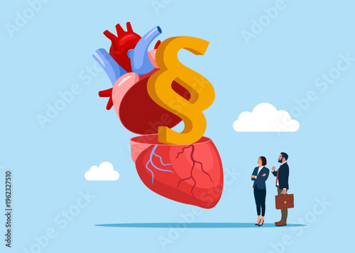 Open heart with paragraph. Protecting workers' rights when dismissed from work. Flat vector illustration