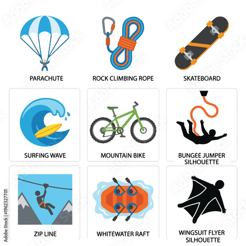 Adventure Sports Equipment Icons.