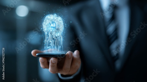 Businessman holding digital brain.