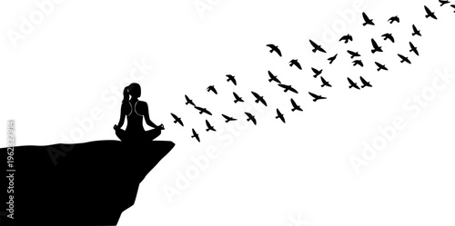 Minimalist black silhouette of a woman meditating on a mountain cliff with flying birds, concept of freedom, peace, and mindfulness vector isolated on white.