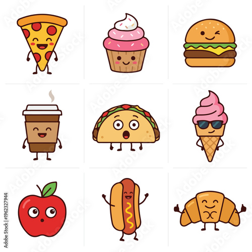 Cartoon food characters smiling faces.