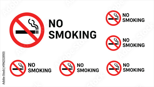 No smoking signs featuring cigarettes, e-cigarettes, and smoke symbols for public and indoor areas