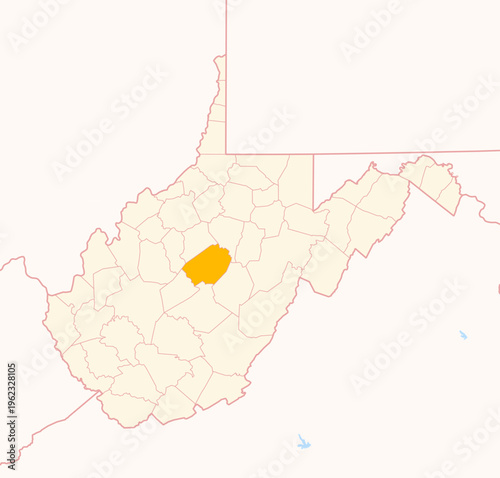 Map of the County Braxton (West Virginia, US) showing the Federal State with the highlighted County