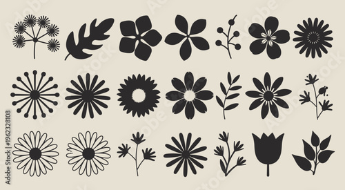 Collection of black floral and leaf silhouettes on beige background