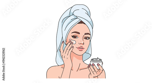 Woman applying cream on face in pastel illustration for skincare advertising