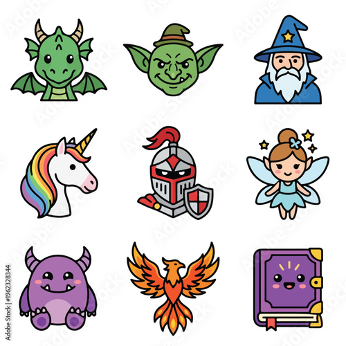 Fantasy cartoon character icons set.