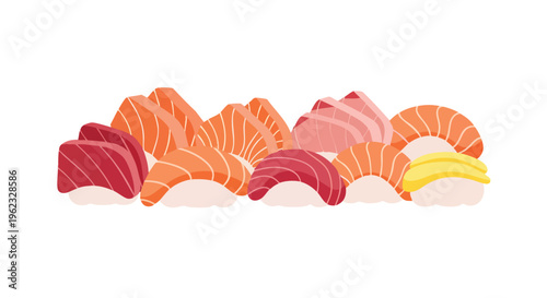 A vibrant illustration showcasing an array of sushi and sashimi pieces in varied colors and shapes. It features salmon, tuna, and other delicious elements