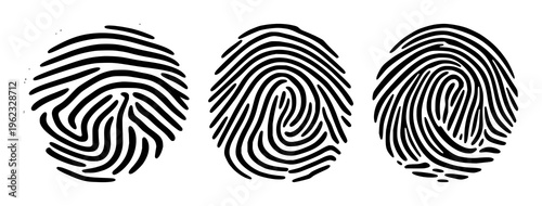 Fingerprint set with a thick, smooth black line design forming a perfect circle on pure white background featuring fingerprint, black, circular with clinical and forensic
