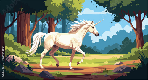 A beautiful white Arabian stallion gallops through the wild forest and open fields, a powerful equine mammal running with speed in nature