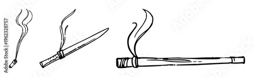 Incense stick smoking icon set with simple line art design featuring simple design, minimalist, black and white with illustrations and graphics