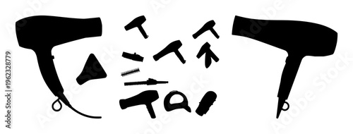 Hairdryer set with bold silhouette design featuring hairdryer, line art, minimal illustration with black and white and vector