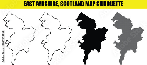East ayrshire scotland map silhouette vector set with line art and solid black shapes for geographical illustration.