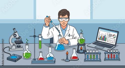 Scientist conducting experiments in a laboratory with various equipment.