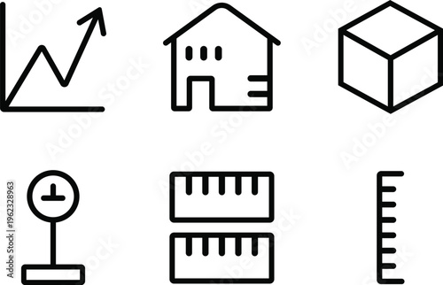 Collection of six simple outline icons representing various concepts like growth housing packaging weighing and measurement tools