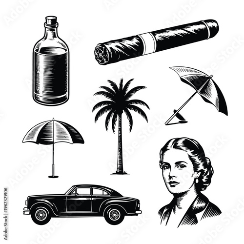 Black and white vintage travel with bottle cigar umbrellas palm tree car and woman
