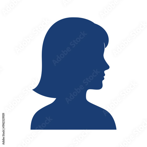 A dark blue silhouette profile shows a woman's head and shoulders facing right in side view format.