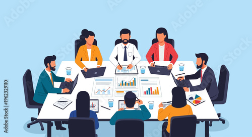 Business professionals collaborate in a modern conference room, analyzing data and reports.