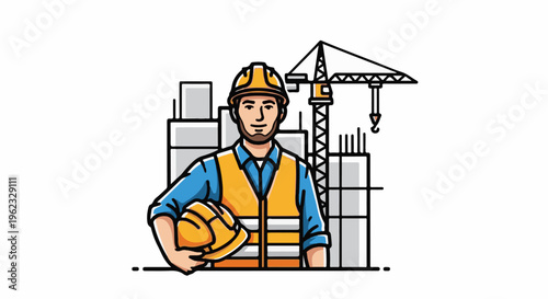 Construction worker with hard hat and vest stands at a site with a crane