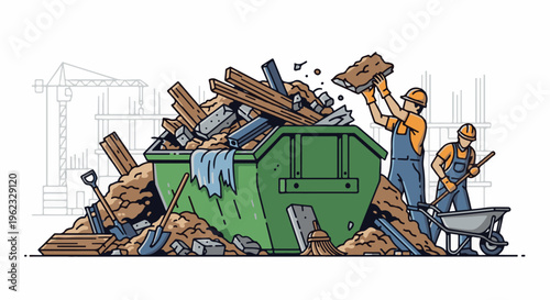 Construction workers load debris into a dumpster at a building site